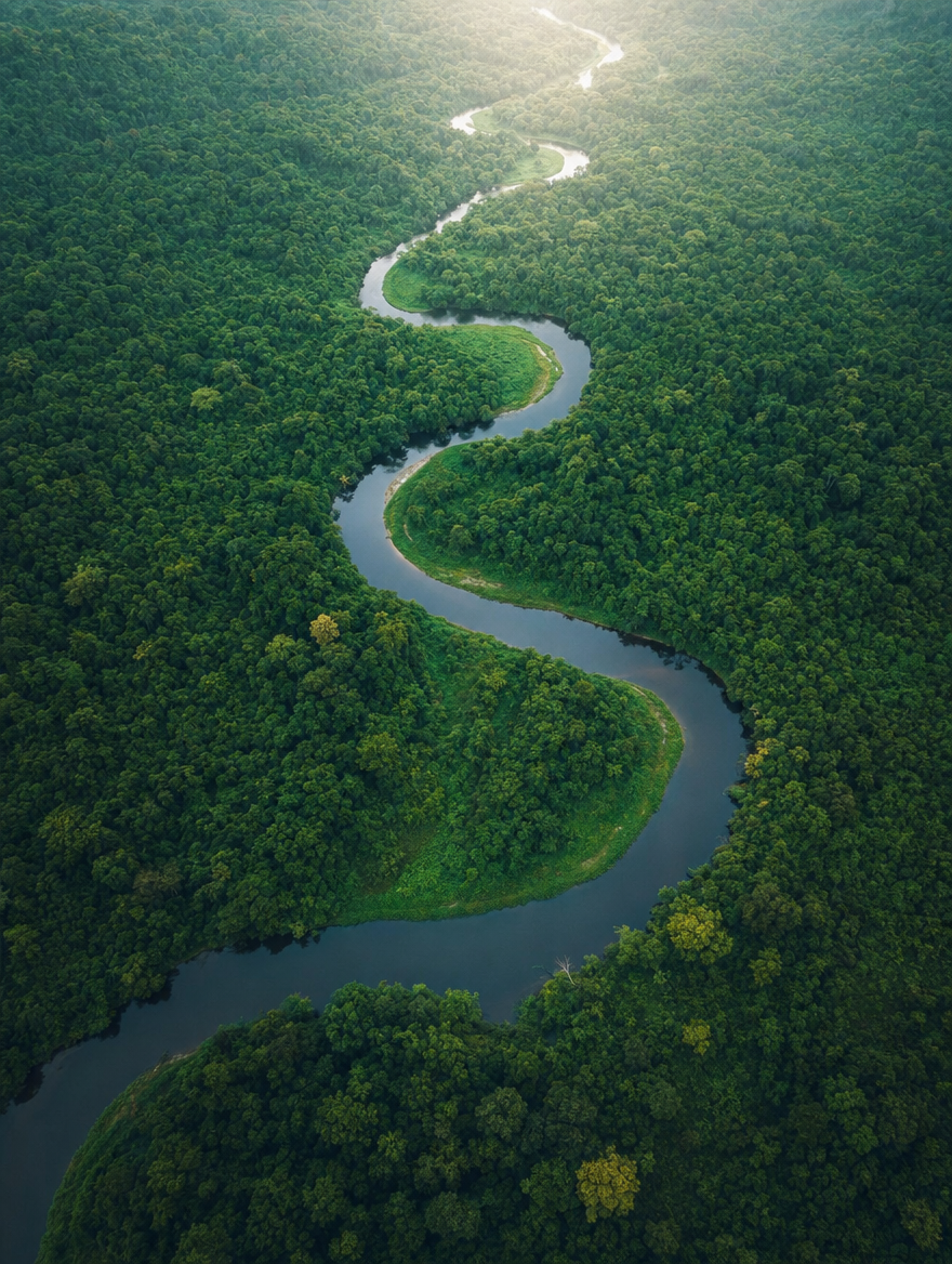 River winding through dense green forest, seen from above